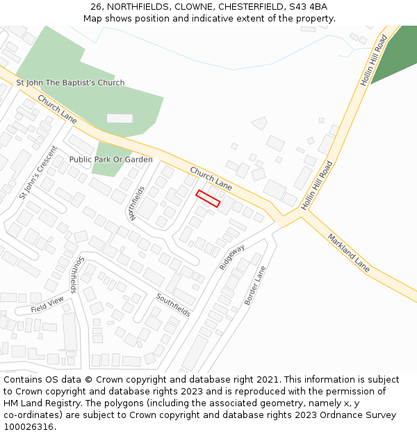 26, NORTHFIELDS, CLOWNE, CHESTERFIELD, S43 4BA: Location map and indicative extent of plot