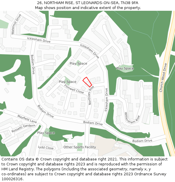 26, NORTHIAM RISE, ST LEONARDS-ON-SEA, TN38 9FA: Location map and indicative extent of plot