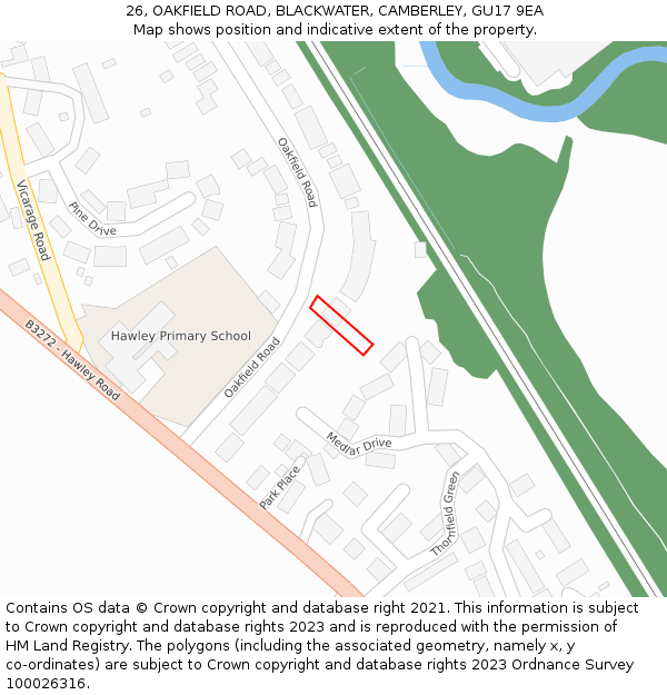 26, OAKFIELD ROAD, BLACKWATER, CAMBERLEY, GU17 9EA: Location map and indicative extent of plot
