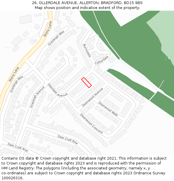 26, OLLERDALE AVENUE, ALLERTON, BRADFORD, BD15 9BS: Location map and indicative extent of plot