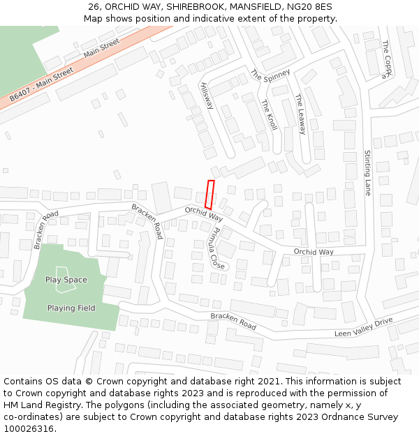 26, ORCHID WAY, SHIREBROOK, MANSFIELD, NG20 8ES: Location map and indicative extent of plot