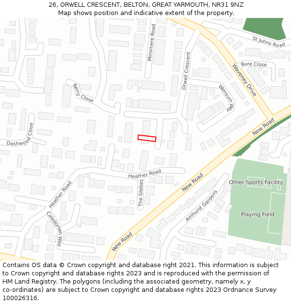26, ORWELL CRESCENT, BELTON, GREAT YARMOUTH, NR31 9NZ: Location map and indicative extent of plot