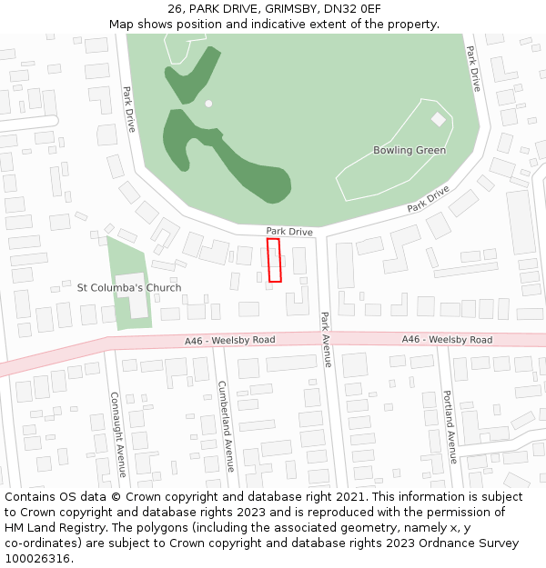 26, PARK DRIVE, GRIMSBY, DN32 0EF: Location map and indicative extent of plot