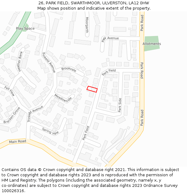 26, PARK FIELD, SWARTHMOOR, ULVERSTON, LA12 0HW: Location map and indicative extent of plot