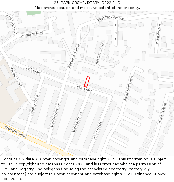 26, PARK GROVE, DERBY, DE22 1HD: Location map and indicative extent of plot