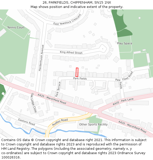 26, PARKFIELDS, CHIPPENHAM, SN15 1NX: Location map and indicative extent of plot