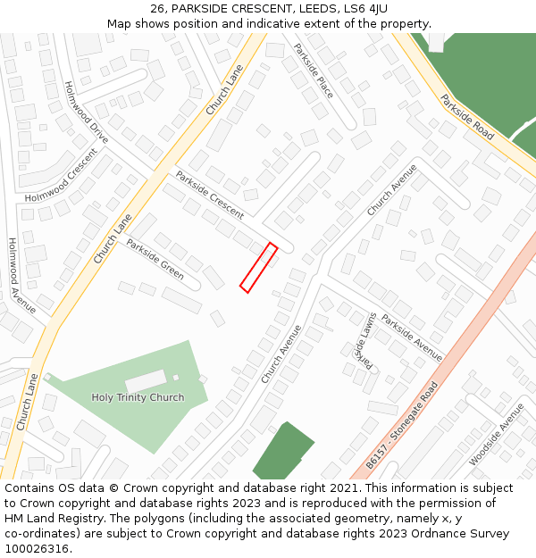 26, PARKSIDE CRESCENT, LEEDS, LS6 4JU: Location map and indicative extent of plot