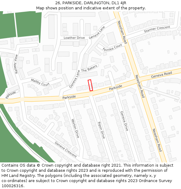 26, PARKSIDE, DARLINGTON, DL1 4JR: Location map and indicative extent of plot