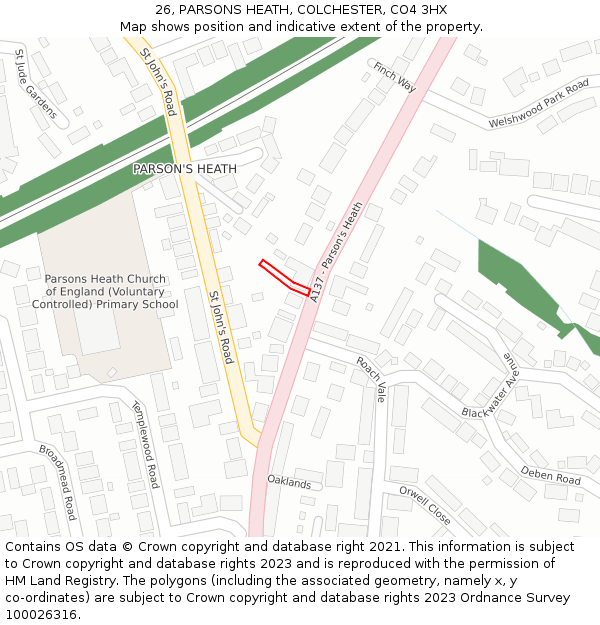 26, PARSONS HEATH, COLCHESTER, CO4 3HX: Location map and indicative extent of plot