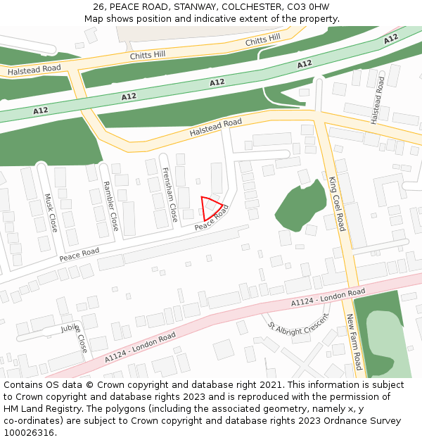 26, PEACE ROAD, STANWAY, COLCHESTER, CO3 0HW: Location map and indicative extent of plot