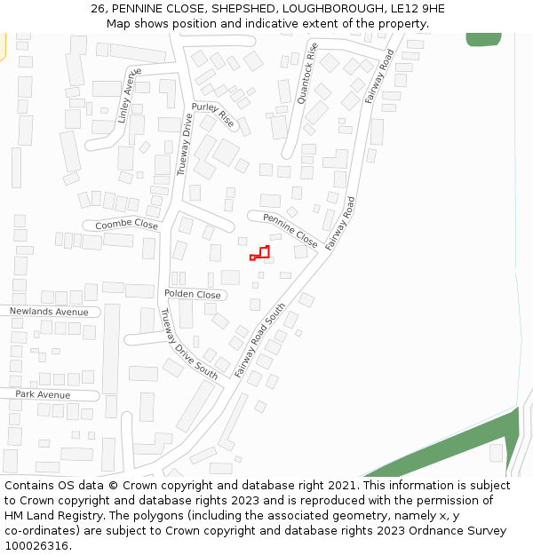 26, PENNINE CLOSE, SHEPSHED, LOUGHBOROUGH, LE12 9HE: Location map and indicative extent of plot