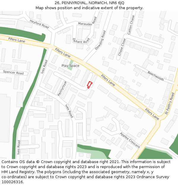 26, PENNYROYAL, NORWICH, NR6 6JQ: Location map and indicative extent of plot
