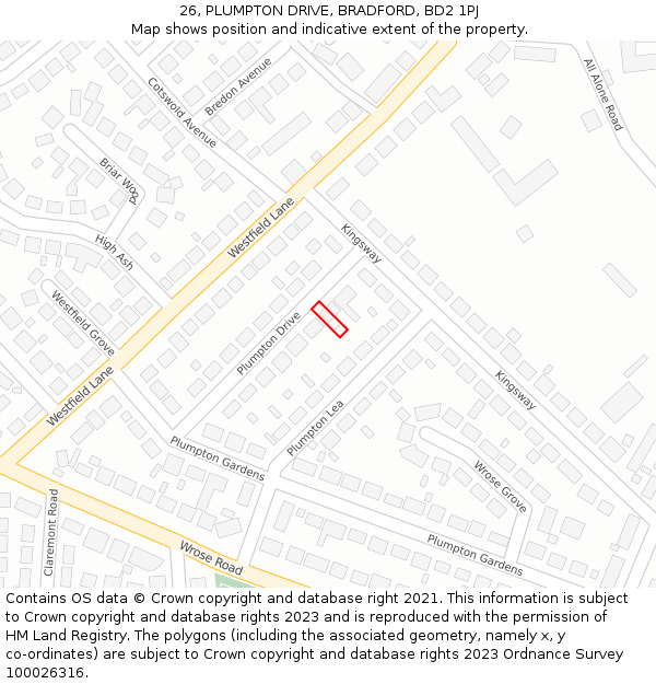 26, PLUMPTON DRIVE, BRADFORD, BD2 1PJ: Location map and indicative extent of plot