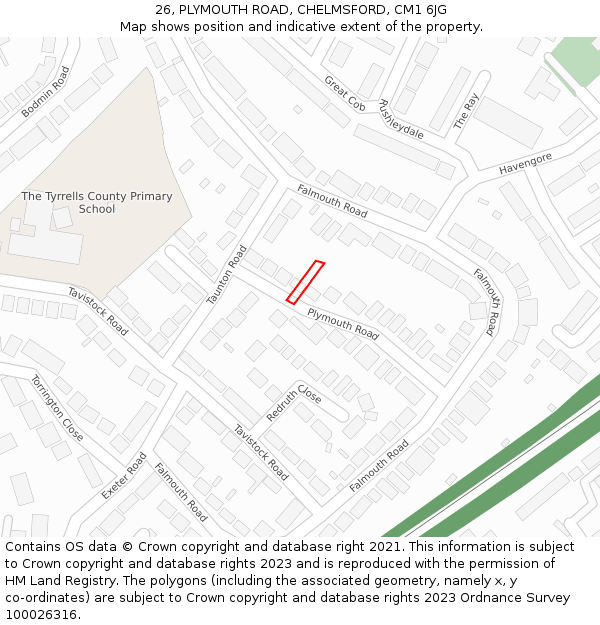 26, PLYMOUTH ROAD, CHELMSFORD, CM1 6JG: Location map and indicative extent of plot