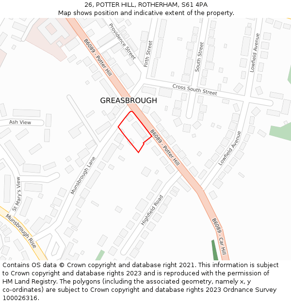26, POTTER HILL, ROTHERHAM, S61 4PA: Location map and indicative extent of plot