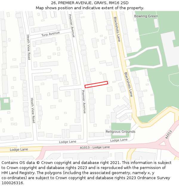 26, PREMIER AVENUE, GRAYS, RM16 2SD: Location map and indicative extent of plot