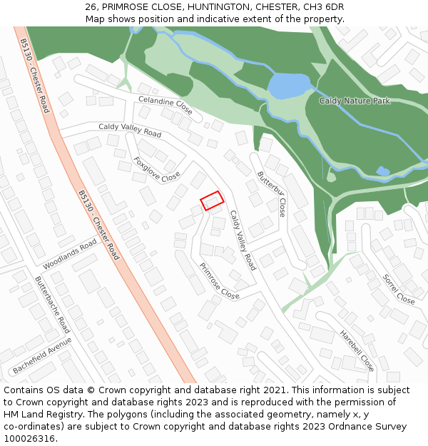 26, PRIMROSE CLOSE, HUNTINGTON, CHESTER, CH3 6DR: Location map and indicative extent of plot