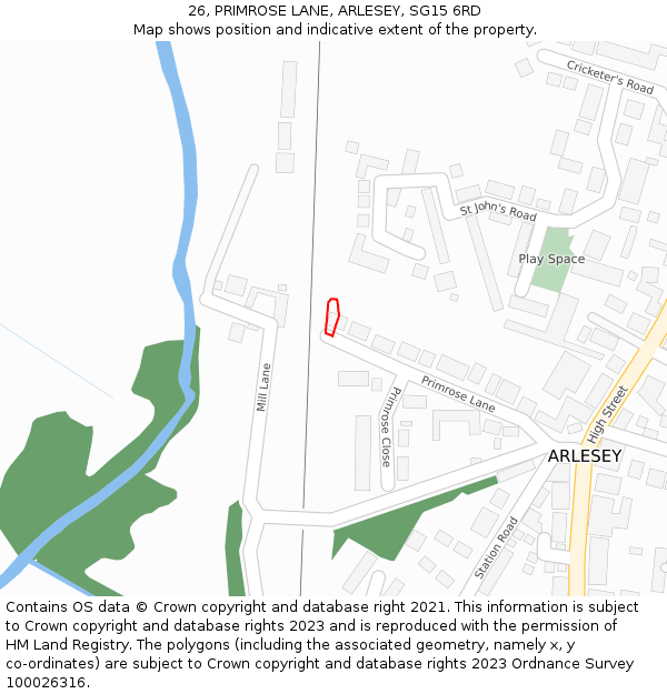 26, PRIMROSE LANE, ARLESEY, SG15 6RD: Location map and indicative extent of plot