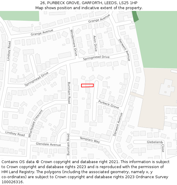 26, PURBECK GROVE, GARFORTH, LEEDS, LS25 1HP: Location map and indicative extent of plot