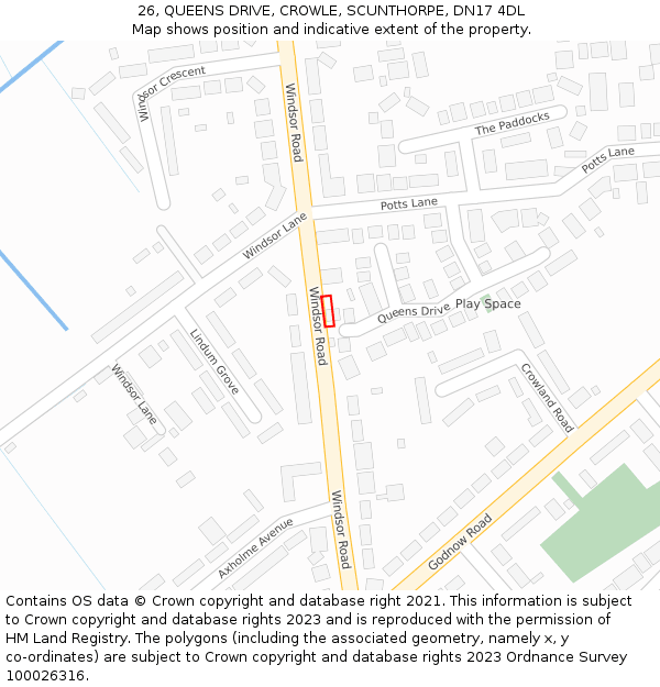 26, QUEENS DRIVE, CROWLE, SCUNTHORPE, DN17 4DL: Location map and indicative extent of plot