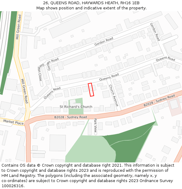 26, QUEENS ROAD, HAYWARDS HEATH, RH16 1EB: Location map and indicative extent of plot