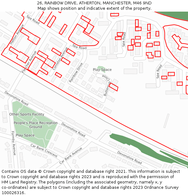 26, RAINBOW DRIVE, ATHERTON, MANCHESTER, M46 9ND: Location map and indicative extent of plot