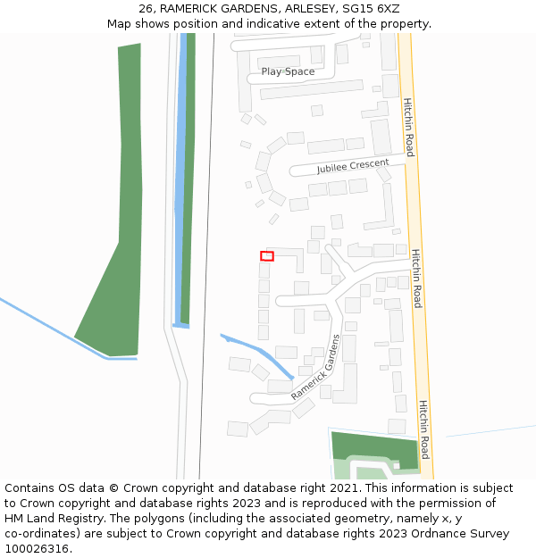 26, RAMERICK GARDENS, ARLESEY, SG15 6XZ: Location map and indicative extent of plot