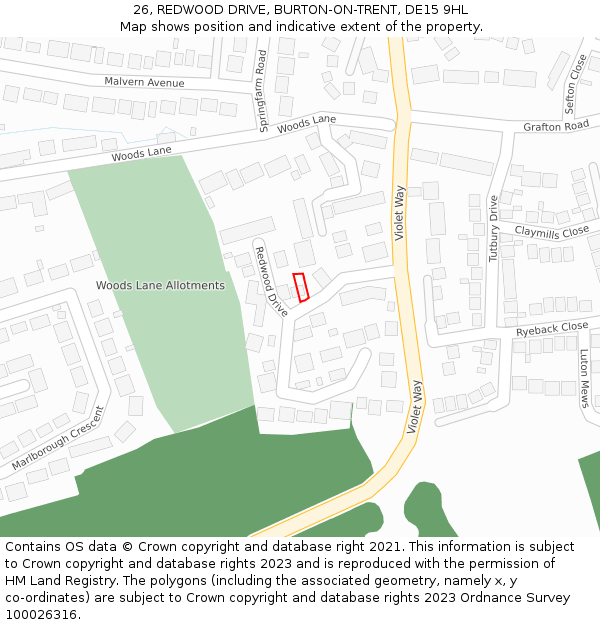 26, REDWOOD DRIVE, BURTON-ON-TRENT, DE15 9HL: Location map and indicative extent of plot