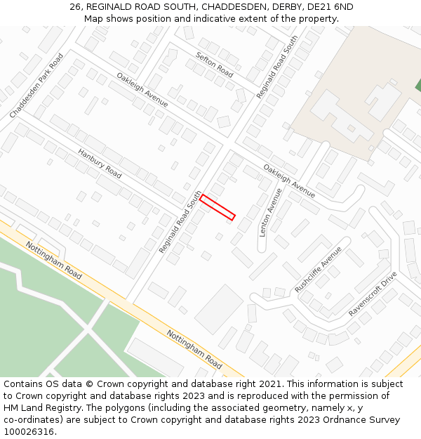 26, REGINALD ROAD SOUTH, CHADDESDEN, DERBY, DE21 6ND: Location map and indicative extent of plot