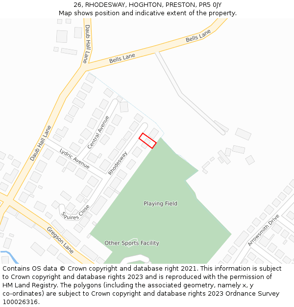 26, RHODESWAY, HOGHTON, PRESTON, PR5 0JY: Location map and indicative extent of plot