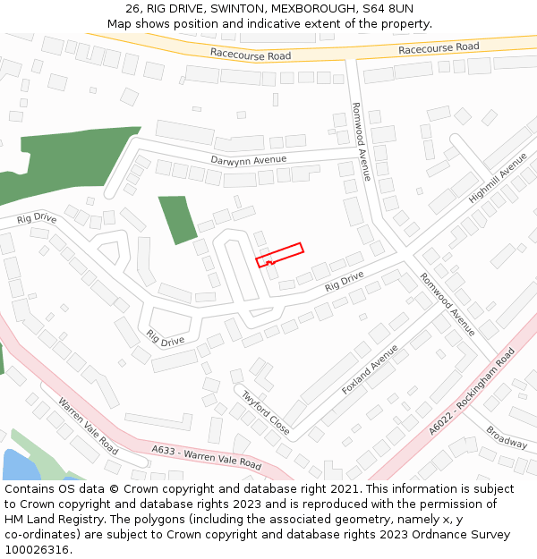 26, RIG DRIVE, SWINTON, MEXBOROUGH, S64 8UN: Location map and indicative extent of plot