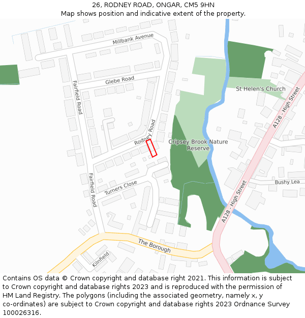26, RODNEY ROAD, ONGAR, CM5 9HN: Location map and indicative extent of plot