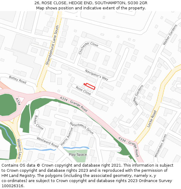 26, ROSE CLOSE, HEDGE END, SOUTHAMPTON, SO30 2GR: Location map and indicative extent of plot