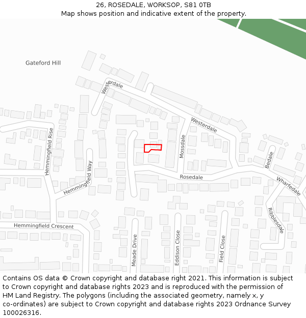 26, ROSEDALE, WORKSOP, S81 0TB: Location map and indicative extent of plot