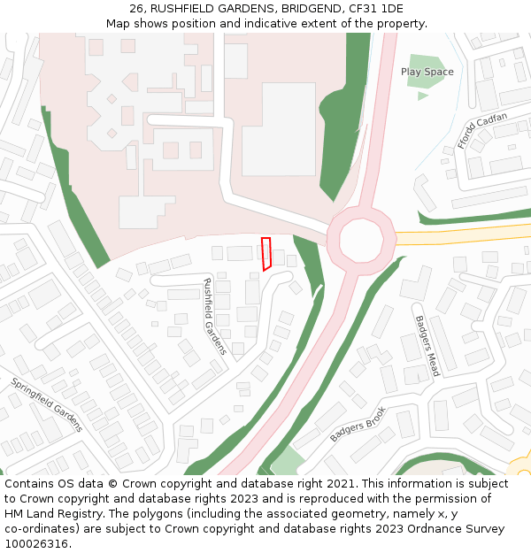 26, RUSHFIELD GARDENS, BRIDGEND, CF31 1DE: Location map and indicative extent of plot