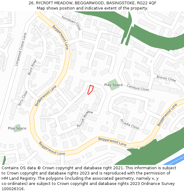 26, RYCROFT MEADOW, BEGGARWOOD, BASINGSTOKE, RG22 4QF: Location map and indicative extent of plot