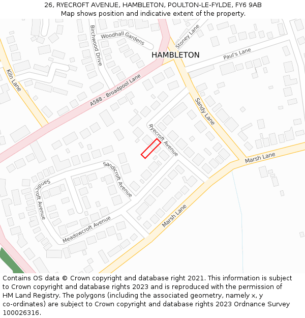 26, RYECROFT AVENUE, HAMBLETON, POULTON-LE-FYLDE, FY6 9AB: Location map and indicative extent of plot