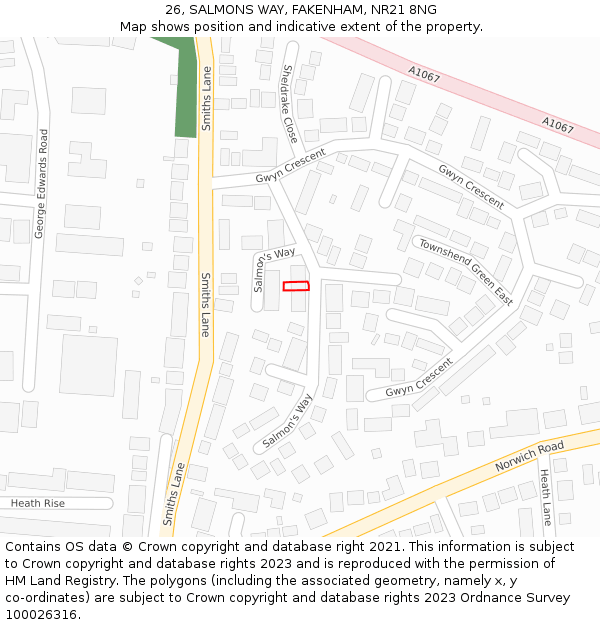 26, SALMONS WAY, FAKENHAM, NR21 8NG: Location map and indicative extent of plot