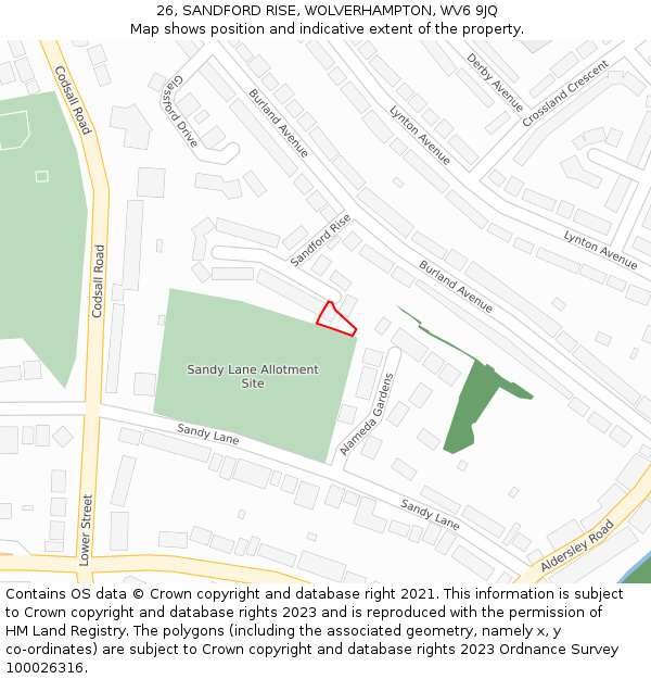 26, SANDFORD RISE, WOLVERHAMPTON, WV6 9JQ: Location map and indicative extent of plot