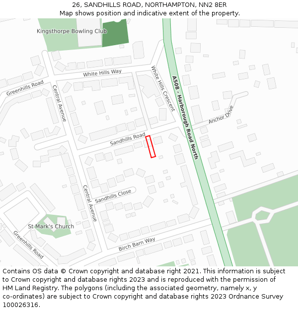 26, SANDHILLS ROAD, NORTHAMPTON, NN2 8ER: Location map and indicative extent of plot