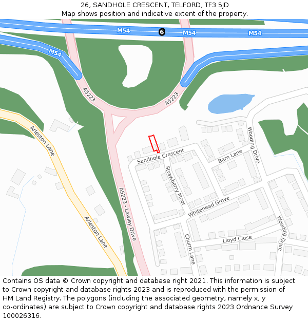 26, SANDHOLE CRESCENT, TELFORD, TF3 5JD: Location map and indicative extent of plot