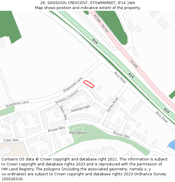 26, SASSOON CRESCENT, STOWMARKET, IP14 1WA: Location map and indicative extent of plot