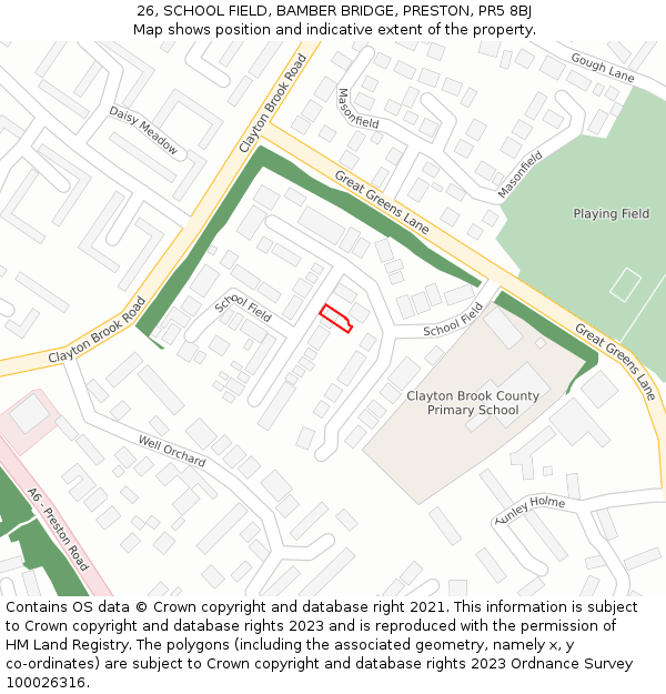 26, SCHOOL FIELD, BAMBER BRIDGE, PRESTON, PR5 8BJ: Location map and indicative extent of plot