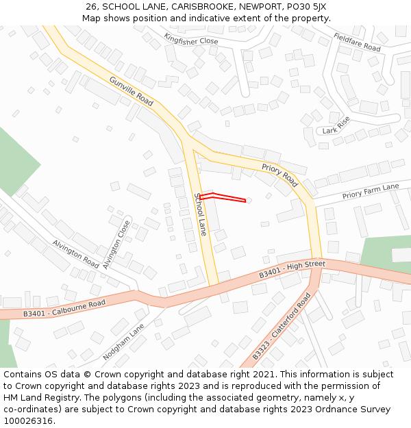 26, SCHOOL LANE, CARISBROOKE, NEWPORT, PO30 5JX: Location map and indicative extent of plot