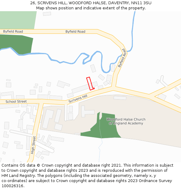 26, SCRIVENS HILL, WOODFORD HALSE, DAVENTRY, NN11 3SU: Location map and indicative extent of plot