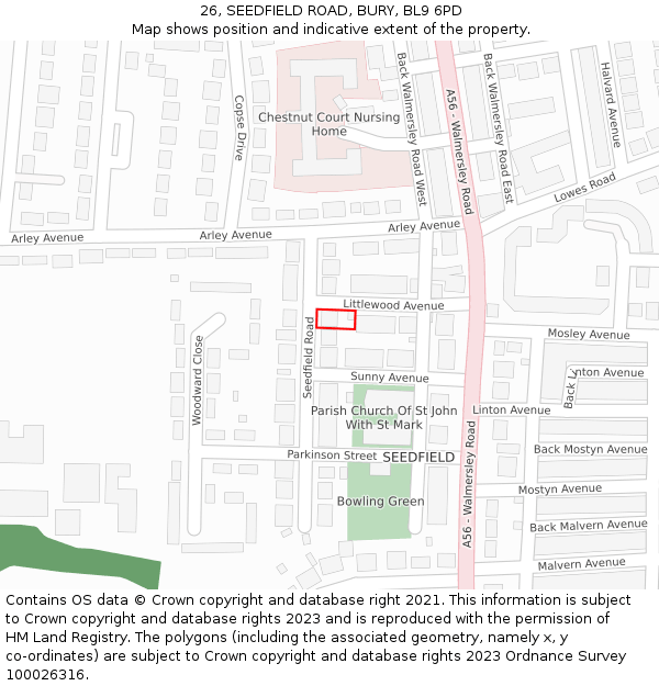 26, SEEDFIELD ROAD, BURY, BL9 6PD: Location map and indicative extent of plot