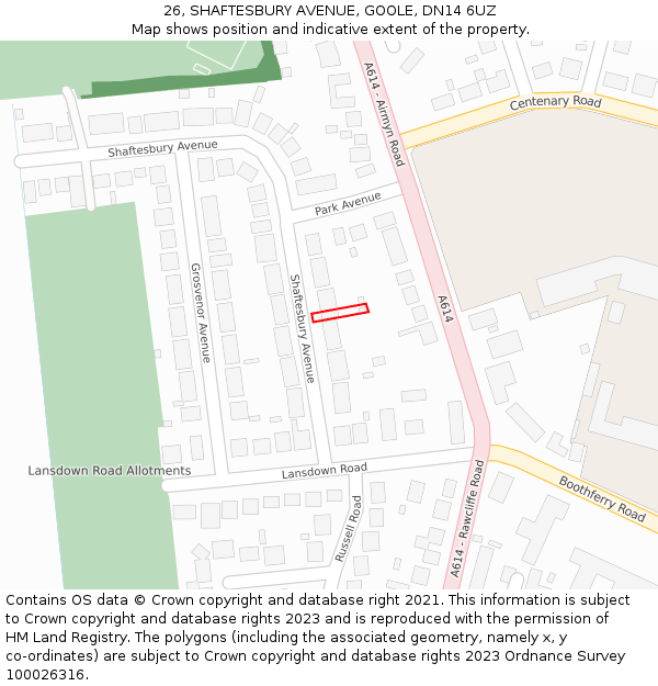 26, SHAFTESBURY AVENUE, GOOLE, DN14 6UZ: Location map and indicative extent of plot