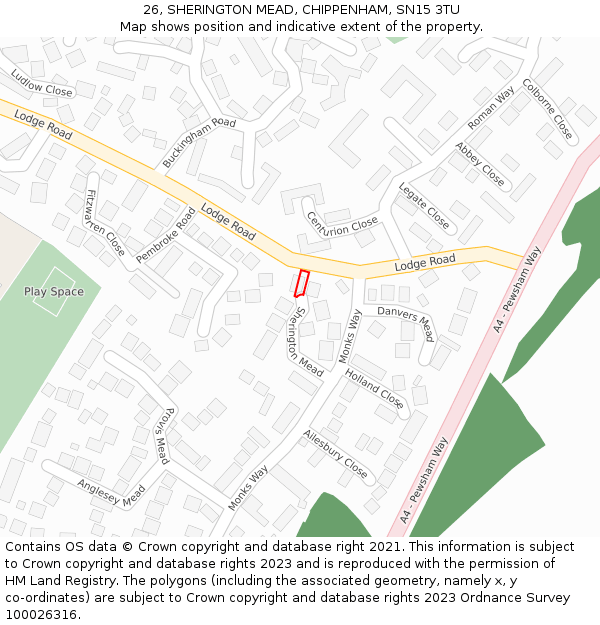 26, SHERINGTON MEAD, CHIPPENHAM, SN15 3TU: Location map and indicative extent of plot