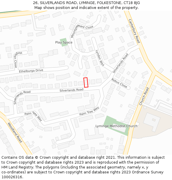 26, SILVERLANDS ROAD, LYMINGE, FOLKESTONE, CT18 8JG: Location map and indicative extent of plot