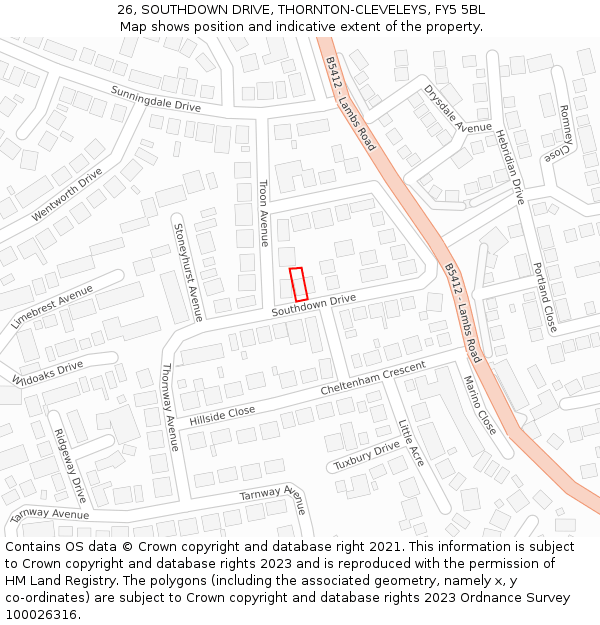 26, SOUTHDOWN DRIVE, THORNTON-CLEVELEYS, FY5 5BL: Location map and indicative extent of plot